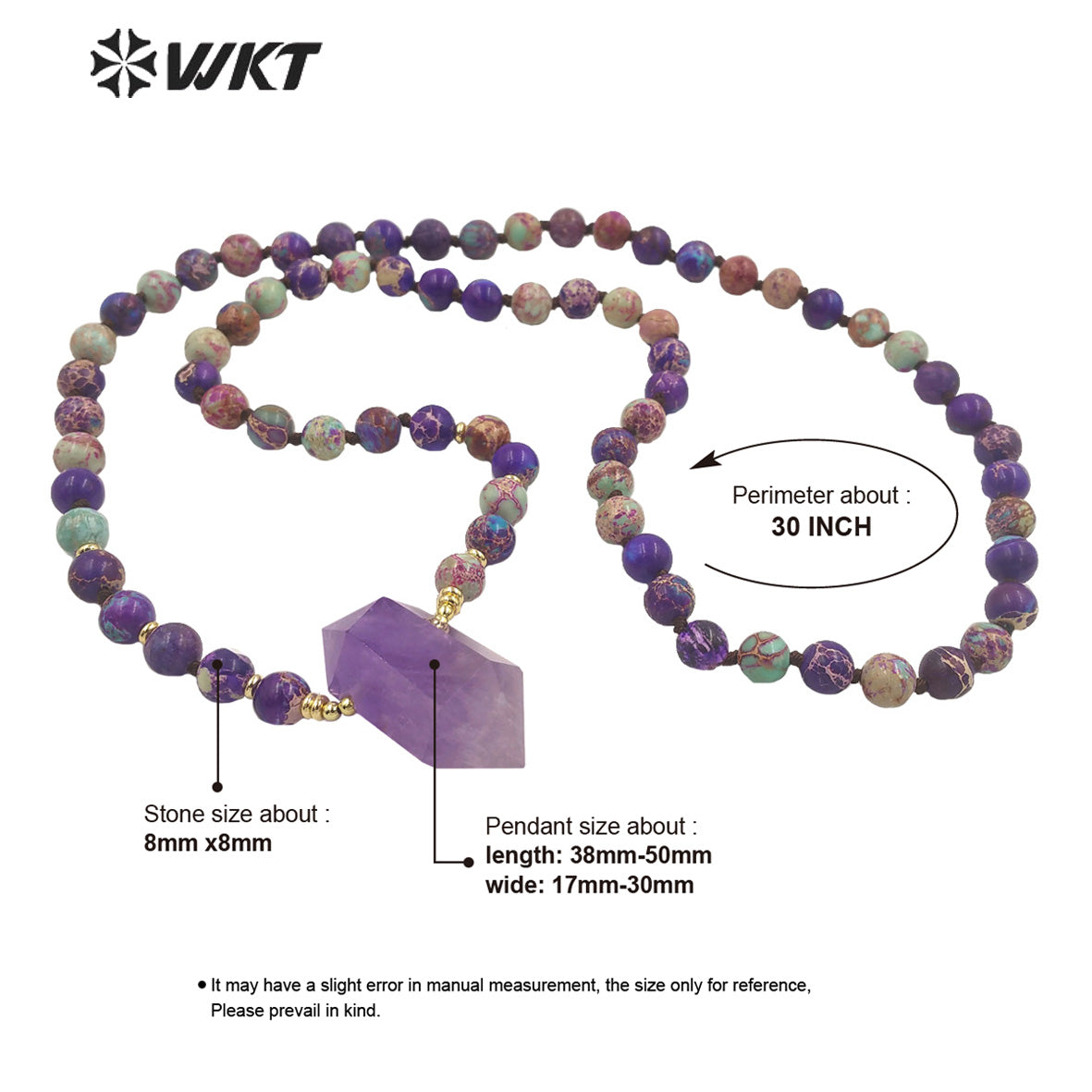 WT-N1374 Charming Natural Amethyst Pendant Bohemia Bead Chain Colorful Jasper Bead Necklace Women Gifts Natural Crystal Necklace