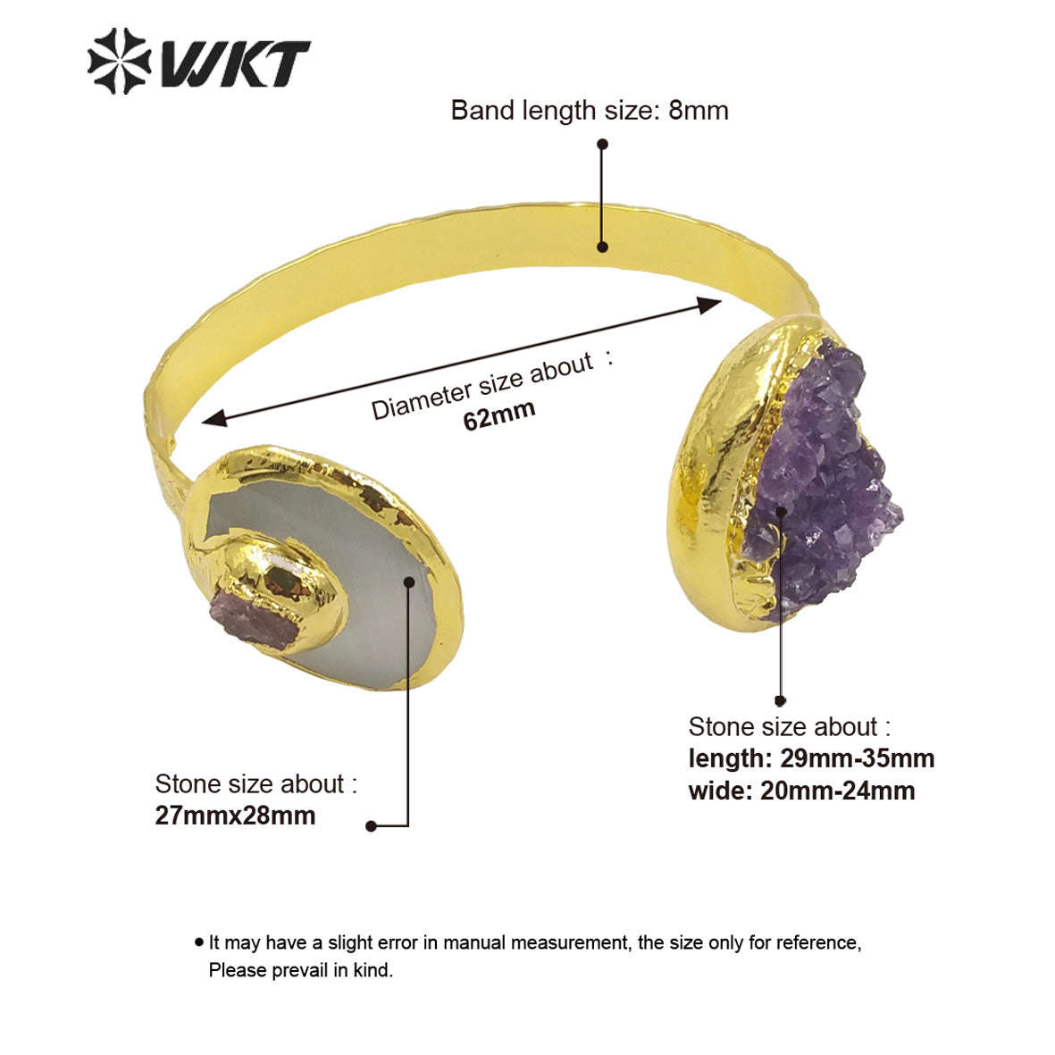 WKT-B584 Classic Luxury 18k Real Gold Electroplated Handmade Bracelet Irregular Amethyst Bangle and Very Nice Stone Jewelry