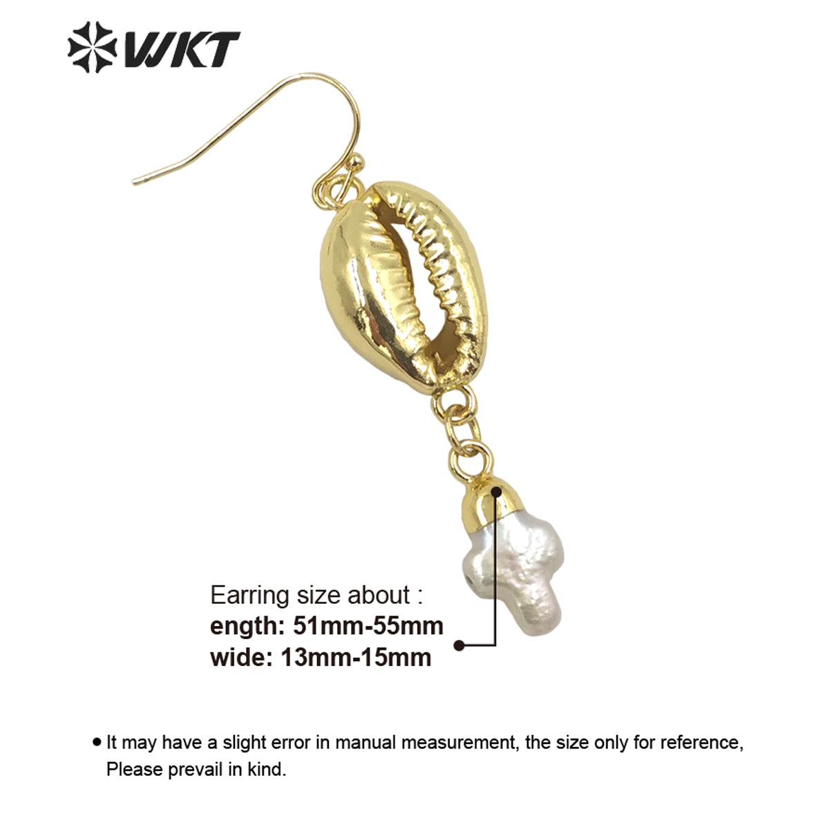 WT-MPE058 Gorgeous 18k Gold Electroplated Resist Tarnishable Natural Cowrie Shell with Pearl Charm Earrings Lady Shell Earrings
