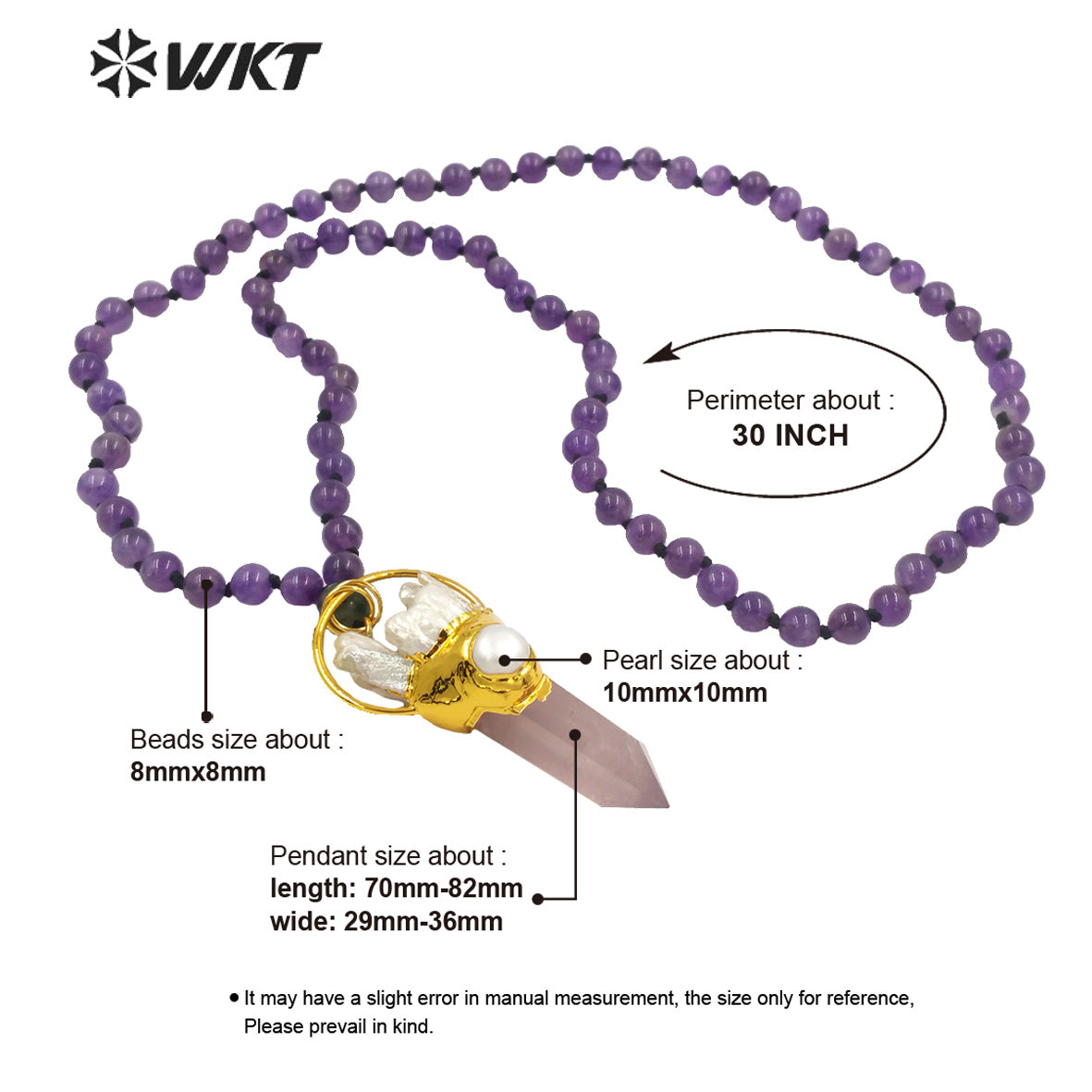 WT-N1243 Exclusive Design 8mm Round Amethyst Stone Necklace Women Winter Hot Pink Quartz Stone Big Chunky Pendant Necklace