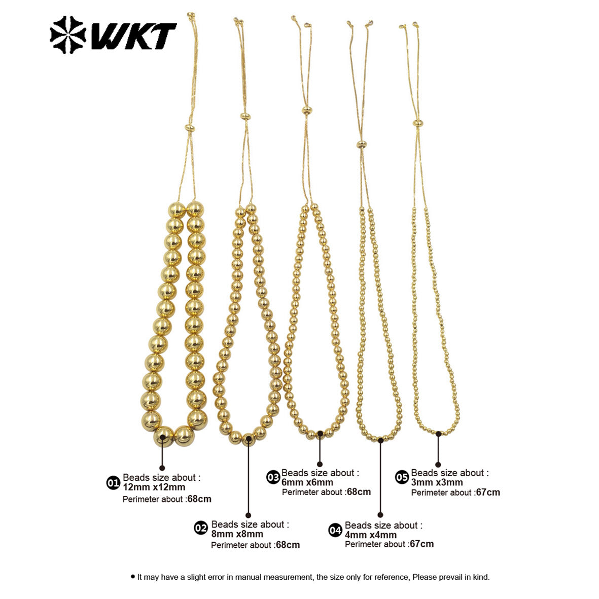 WT-JFN13 Wholesale Most Popular Hand Strand Round Ball Beads 18K Real Gold Plated Simple Unique Chain Necklace Different Size