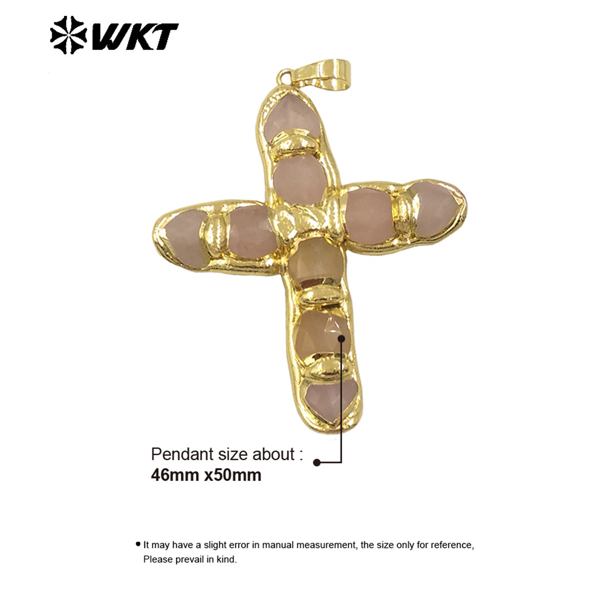 WT-P2005 Wholesale Beautiful Gemstone Religious Pendant Natural Rose Quartz With 18K Gold Plated Cross Shape for Necklace Making