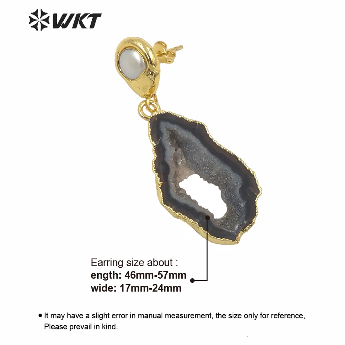 WT-E639 New Natural Black Geode Agate Earrings for Women Fashion Gold Electroplated Real Druzy Stone Dangle Earrings with Pearl