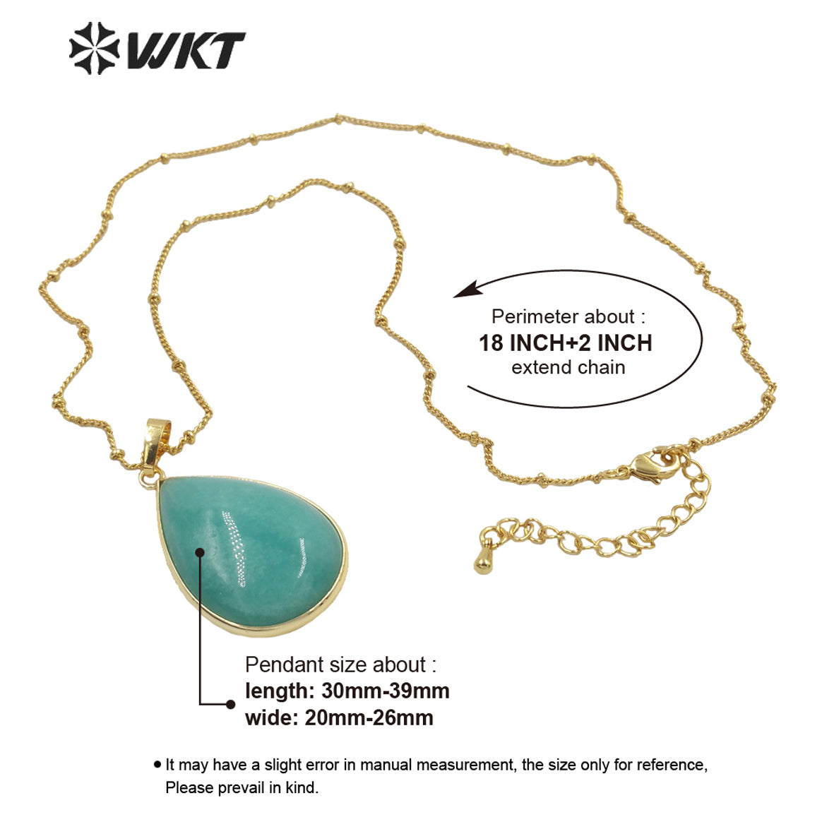 WT-N1292 Women 18 Inch Long Natural Teardrop Stone Necklace 18k Real Gold Plated Bezel Pear Drop Blue Necklace