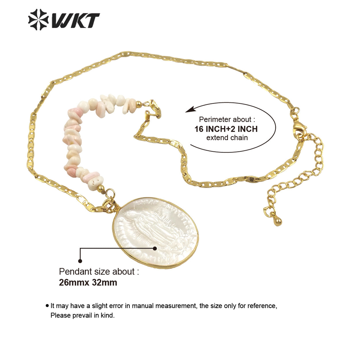 WT-JN146 WKT Amazing Fashion 18k Real Gold Plated Religious Virgin Mary Pendant Necklace Mix Contructure Shell Pendant Necklace