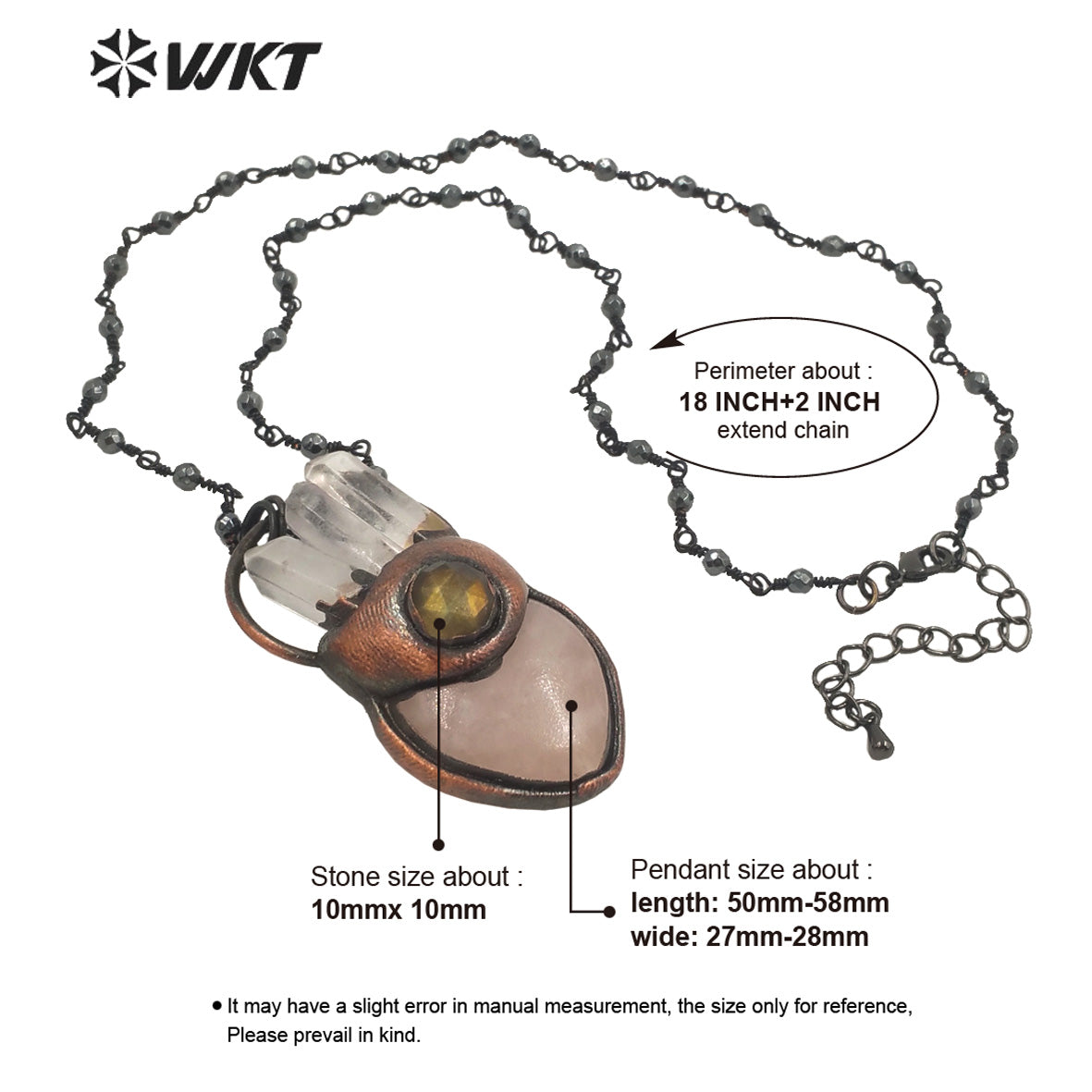 WT-N1341 WKT Natural Rose Quartz With Crystal Pendant Lovely Necklace Exquisite Heart Shape Natural Stone Jewelry Necklace