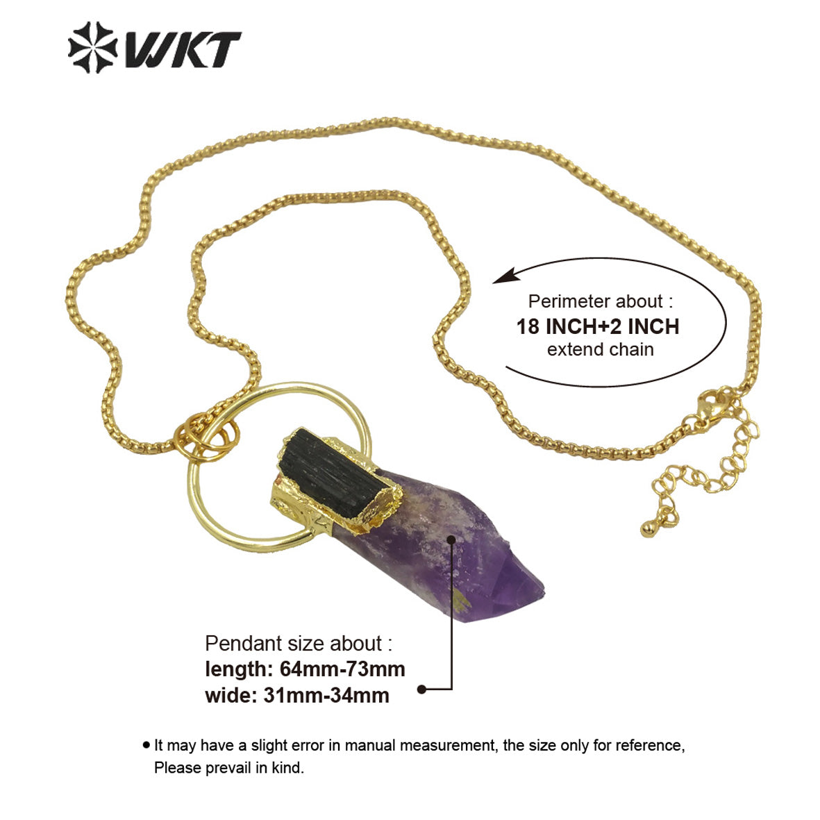 WT-N1266 Gorgeous New Big Amethyst Point Energy Stone Necklace Lady Lucky Stone Necklace With Gold Plated in 18 Inch Long