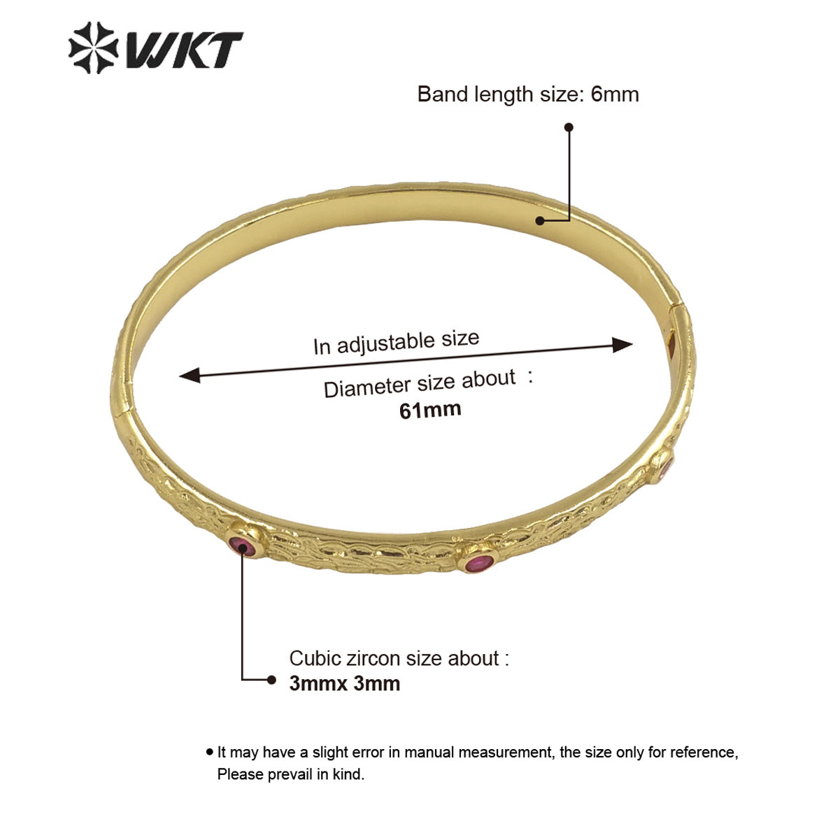 WT-B619 New 18K Real Gold Plated Resist Tarnishable Cubic Zircon Round Cuff Bangle for Women Dubai Hot Metal Bangle
