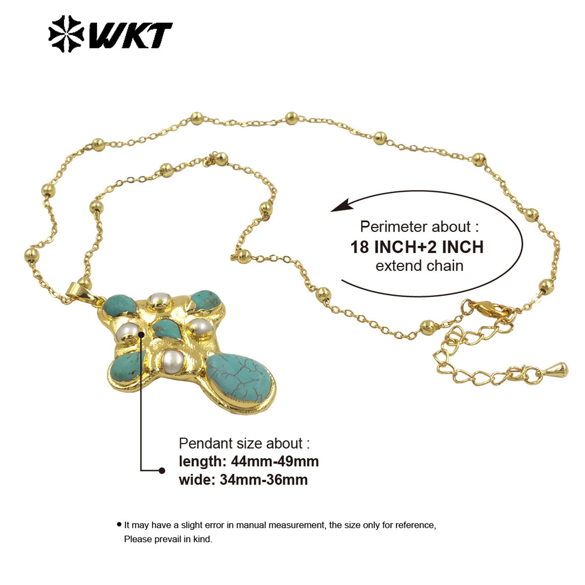 WT-JN297 Brand New Product Elegant 18K Gold Plated Pearl Turquoise Cross Unisex Pendant Necklace Fashion Jewelry Accessories