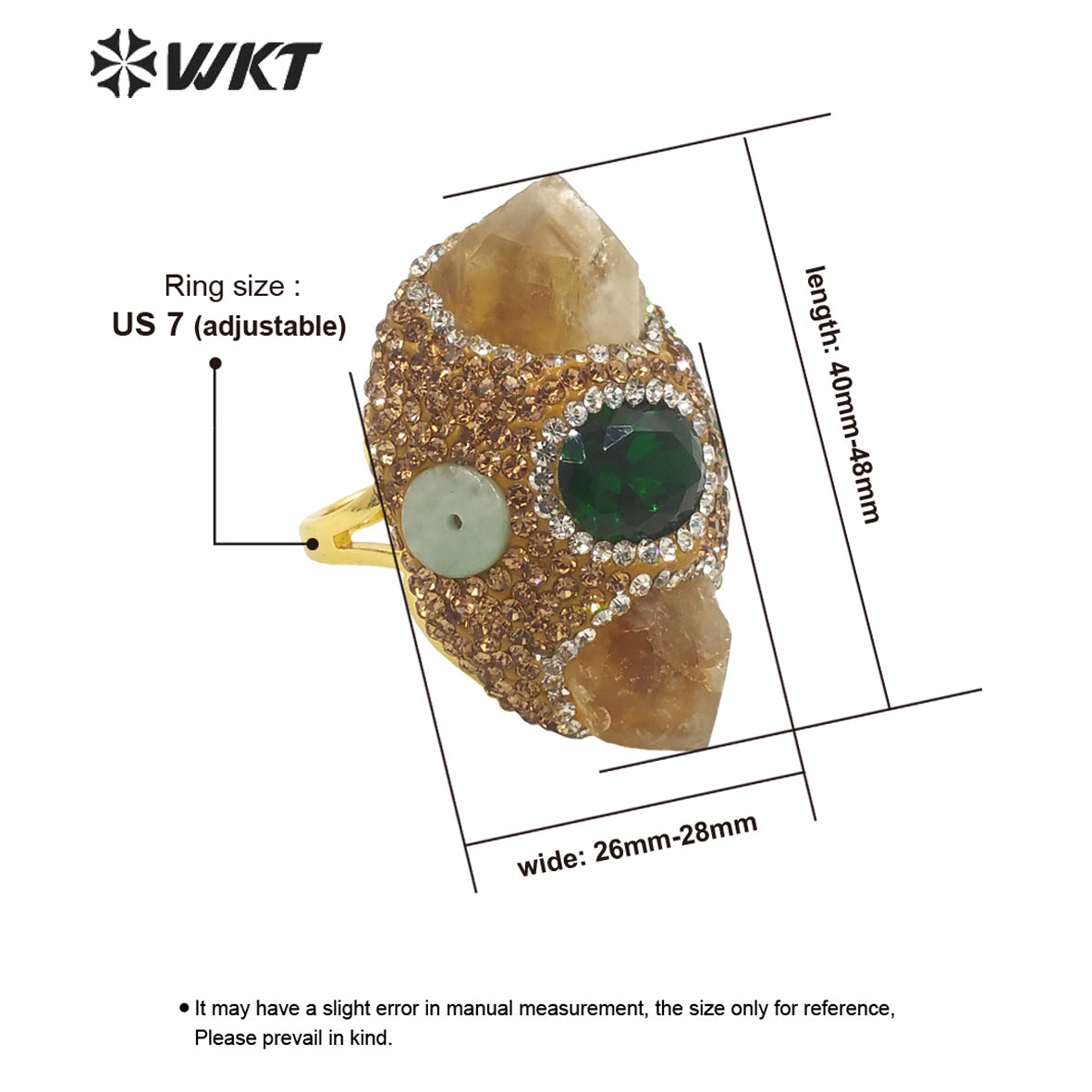 WT-R436 Wholesale Fashion Gold Natural Stone Cigar Ring Handmade Rhinestone Pave Yellow Citrine Lucky Energy Jade Stone Ring