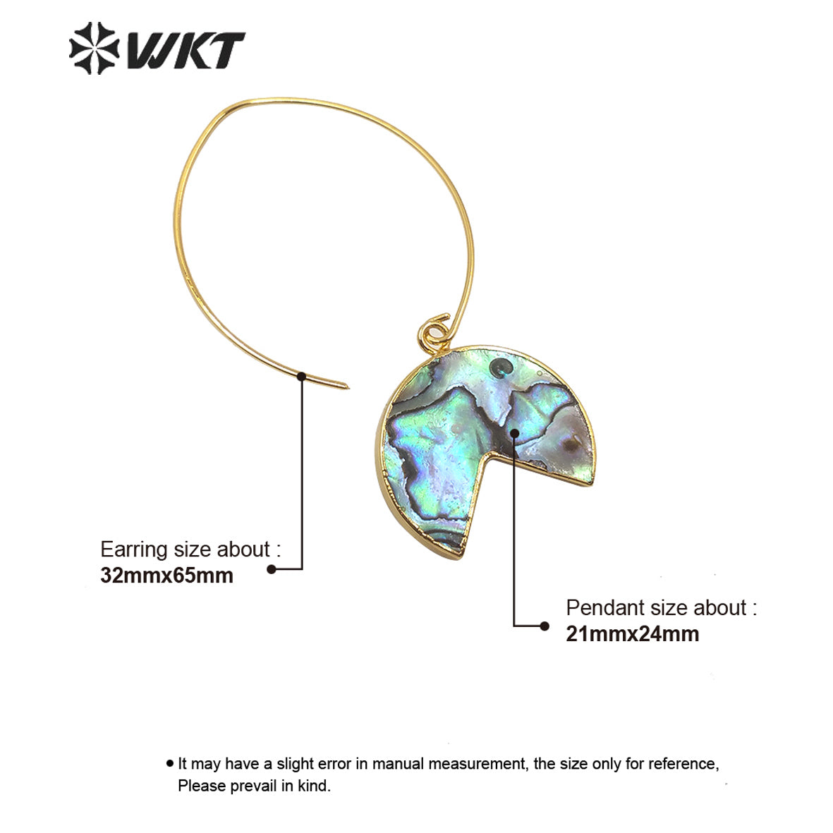 WT-E598 Fashion Gold Electroplated Half Round Abalone Shell Earrings Charming Swing Natural Abalone Shell Pendant Earrings
