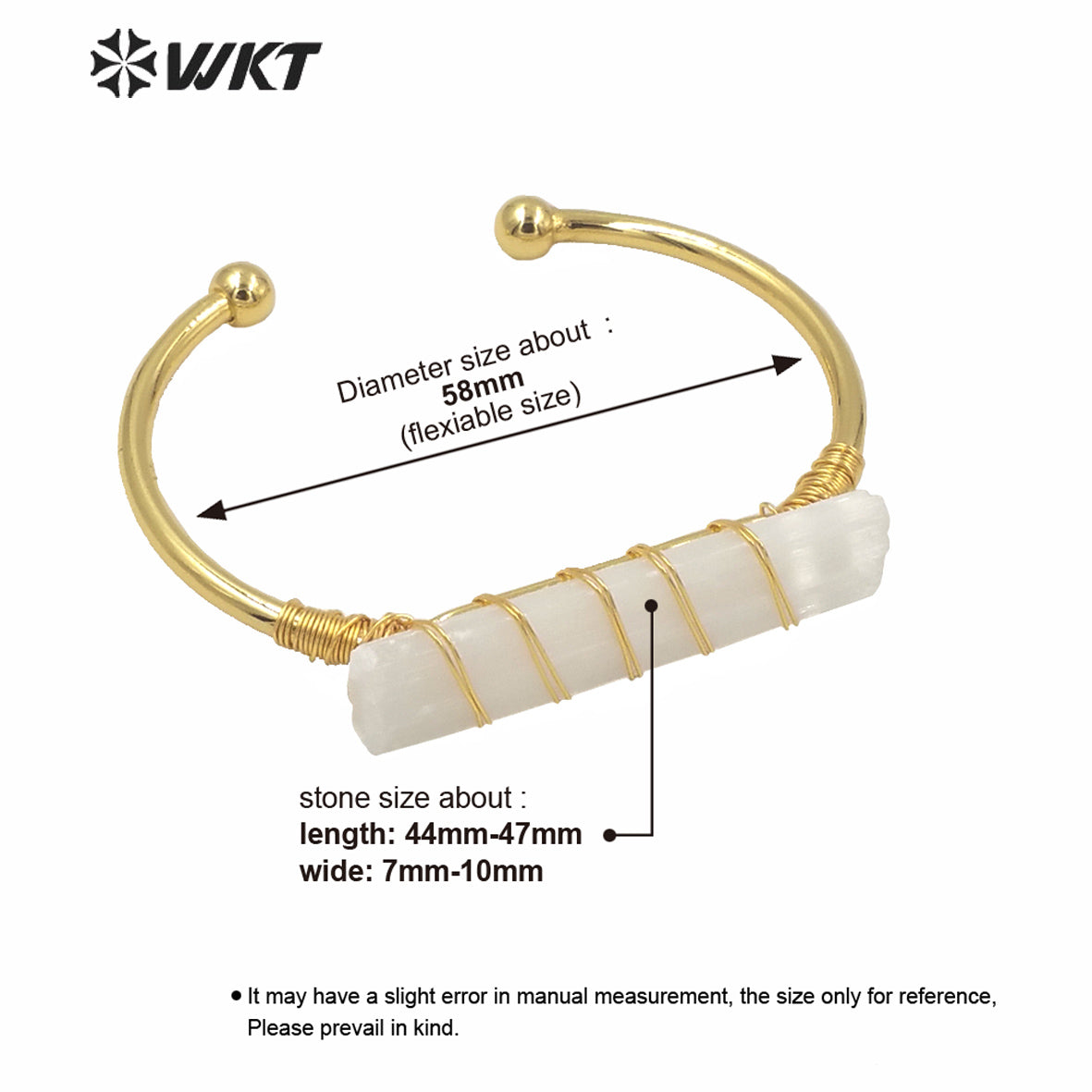 WT-B567 Wholesale Fashion Women Gold Electroplated Wire Wrapped White Selenite Open Bangle Adjustable Gold Natural Stone Bangle