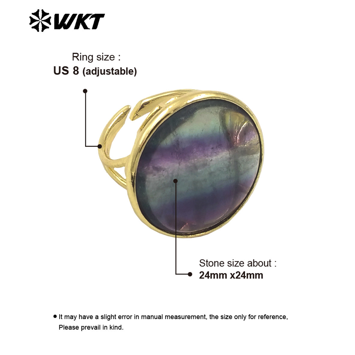 WT-R511 Newest Rainbow Fashion Gold Plated Big Round Fluorite Stone Annevisary Ring for Women