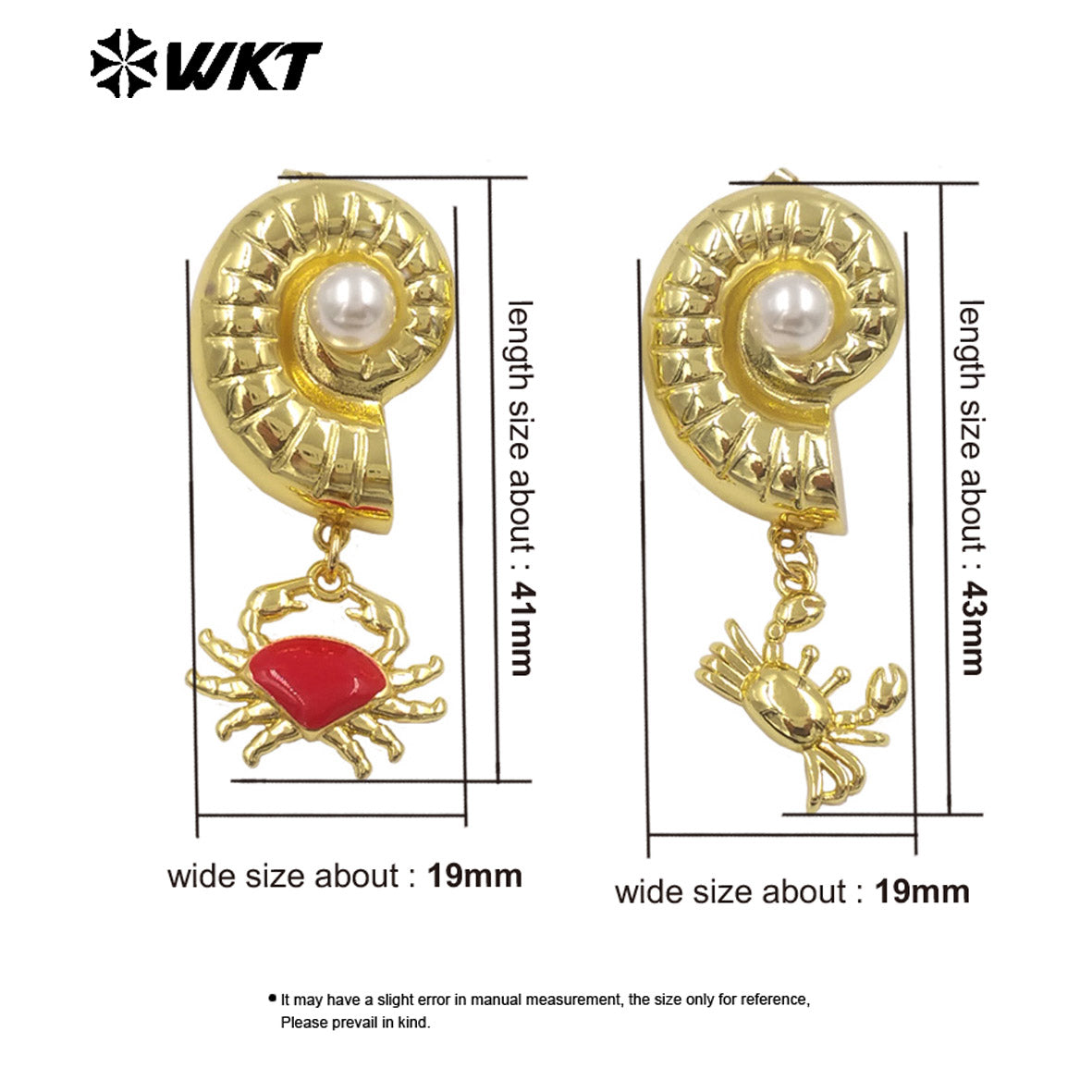 WT-ME133 High Quality Interesting Gold Plated Brass Shell And Crab Charm With Artificial Pearl Earrings For Ladies Party Gift