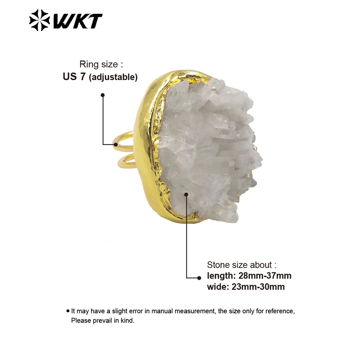 WT-R404 High Quality Natural White Cluster Quartz Pendant with 18k Real Gold Plated Snow Adjustable Ring Women Quartz Ring