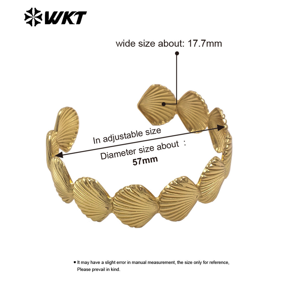 WT-JF374 Factory Wholesale Metal Gold Plated Yellow Brass Small Size Shell Shape Adjustable Bangle For Women Fashion Jewelry