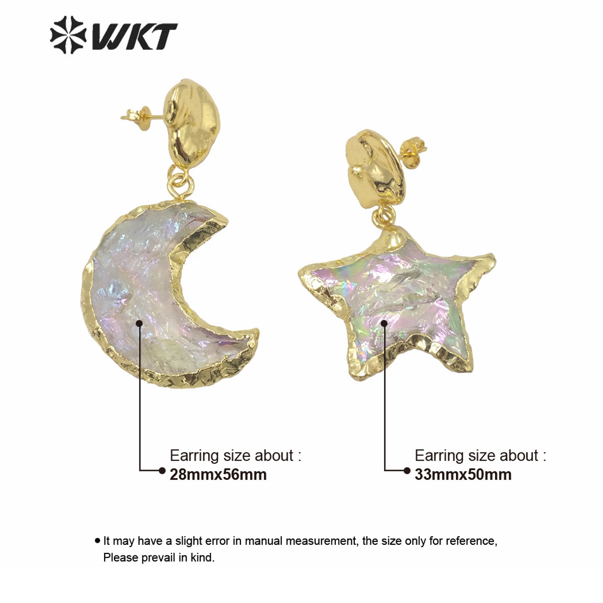 WT-E633 WKT Exclusive Natural Handmade Raw Crystal Quartz AURA Moon Earrings Fashion Gold Electroplated Raw Stone Star Earring