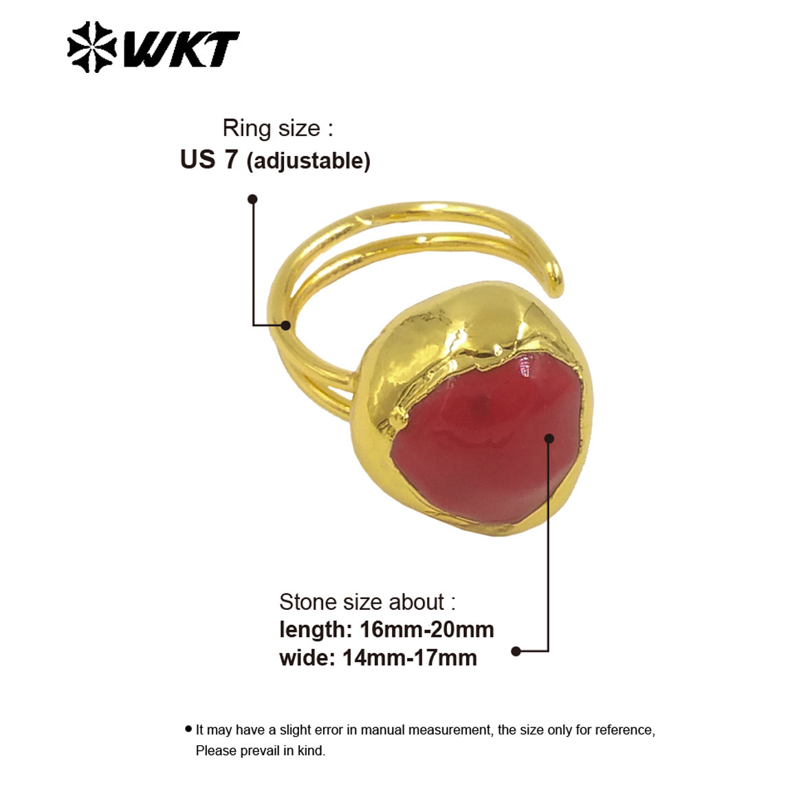 WT-MPR110 Wholesale Hot Sale Unisex Simple 18K Gold Plated Round Red Coral Adjustable Ring for Daily and Party Decorations