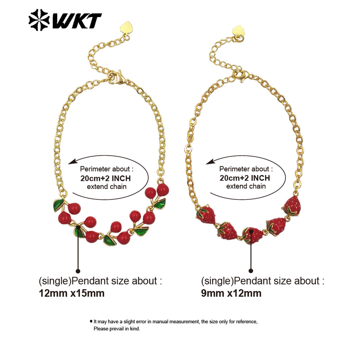 WT-JF365 New Arrival Fruit Series Cherry And Strawberry Fashion Bracelet Yellow Brass With Drop Oil Gold Plated Ladies Accessory