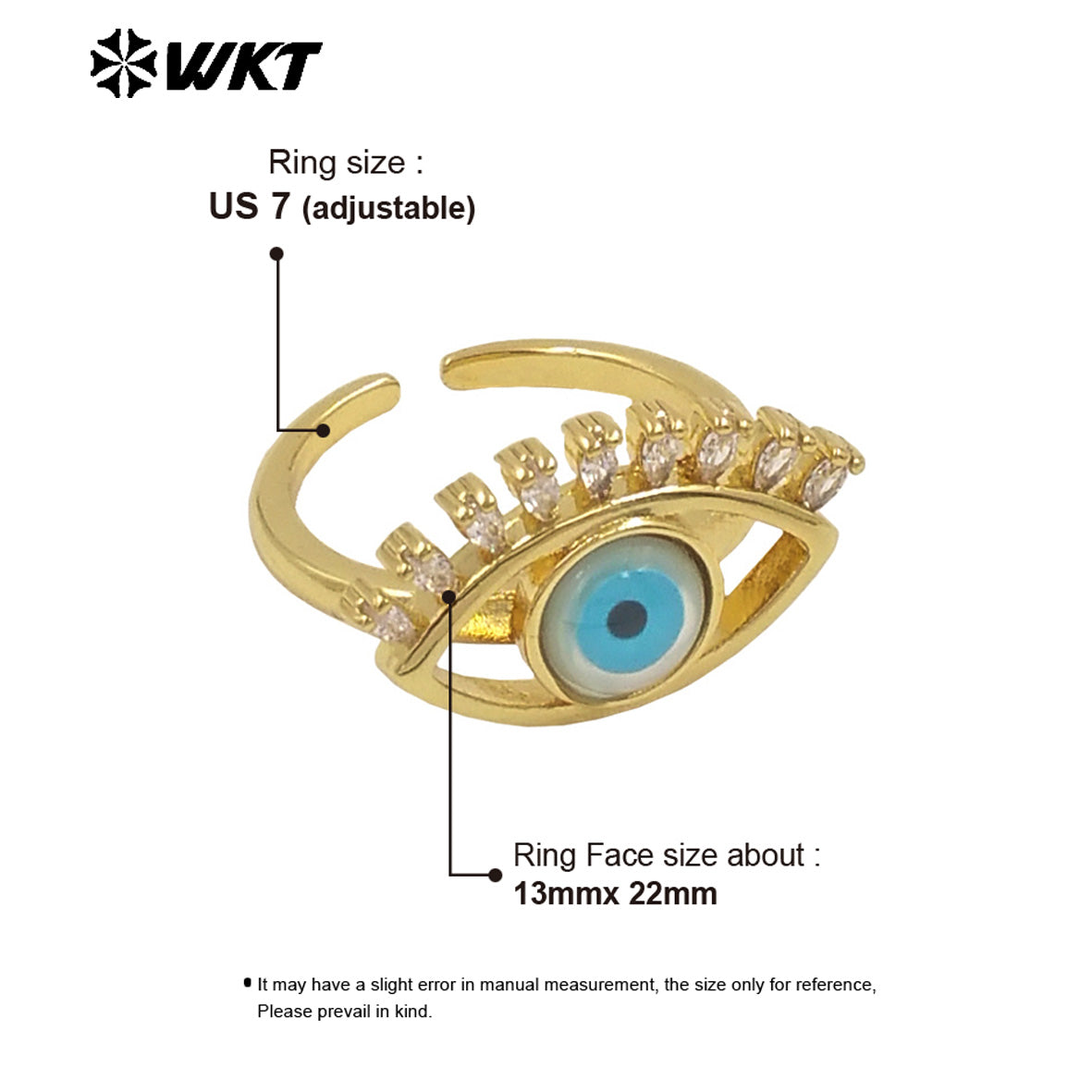 WT-MPR103 Newest Fashion Micropave Cubic Zircon Setting Trendy Gold Plated Turkey Eye Shell Ring in Adjustable Size