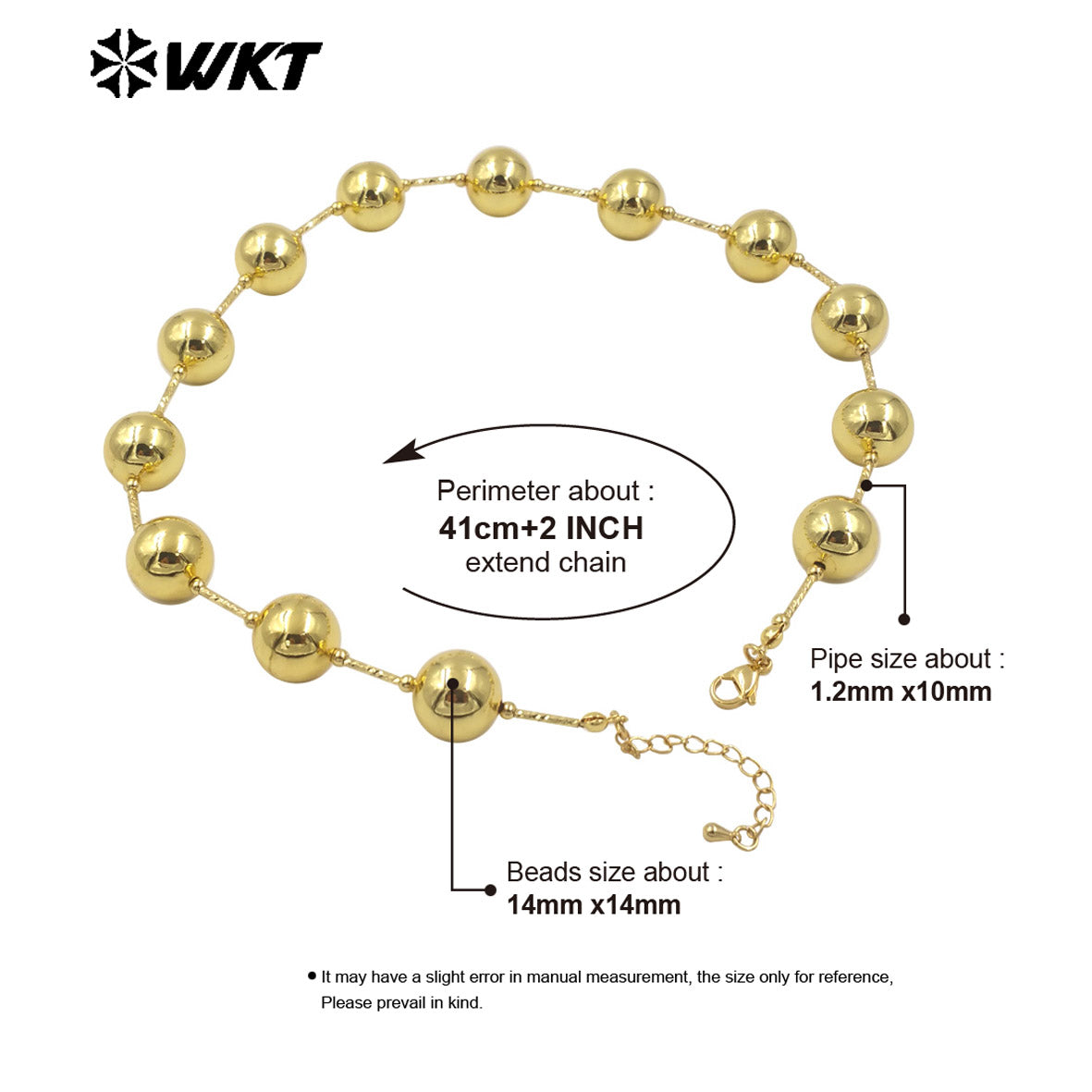 WT-JFN08 New Punk Style Women Hand Strand Big Brass Beads 18K Gold Plated With Pipe Connector Metal Necklace