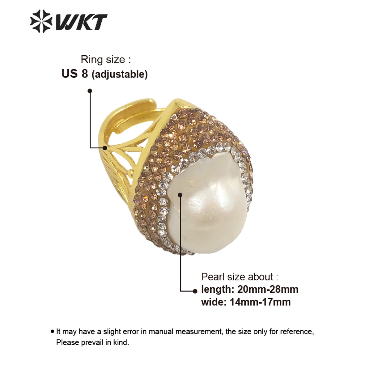 WT-MPR039 Gorgeous Fashion 18k Real Gold Bezel Big Baroque Pearl Rhinestone Ring Royal Value Birthday Ring for Women