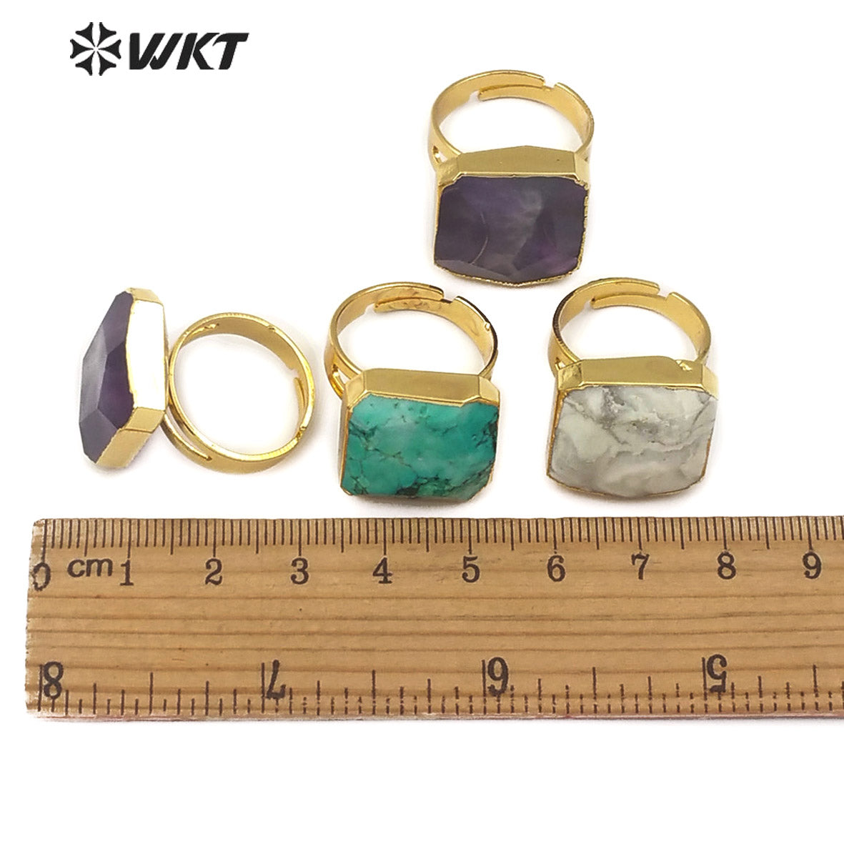 WT-R216 Natural Multi Color Gemstone Gold Electroplated Ring Fashion Adjustable Turquoise Single Stone Ring