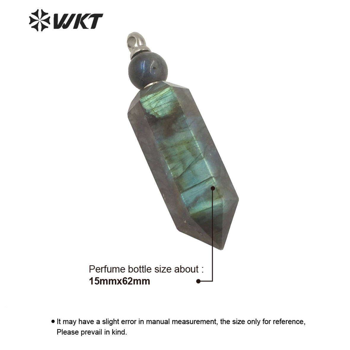 WT-P1619 Amazing Stainless Steel Hexagonal Natural Labradorite Stone Perfume Bottle Pendant Fashion Steel Spirit Point Bottle