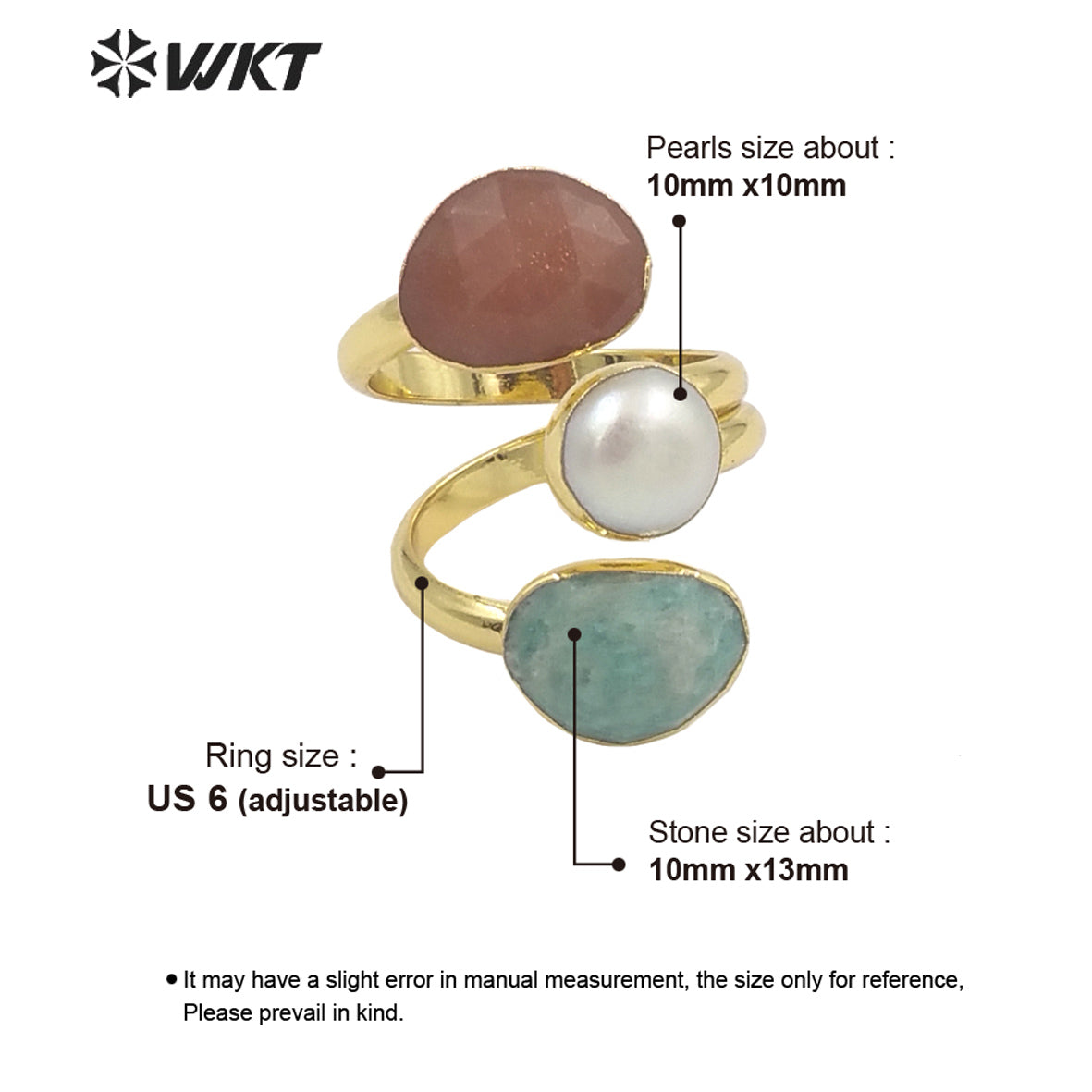 WT-R407 Niche Design Multiple Gemstone Pearl Rings Adjustable Rings Delicate Charming 18k Gold Plated Gifts Natural Stone Rings