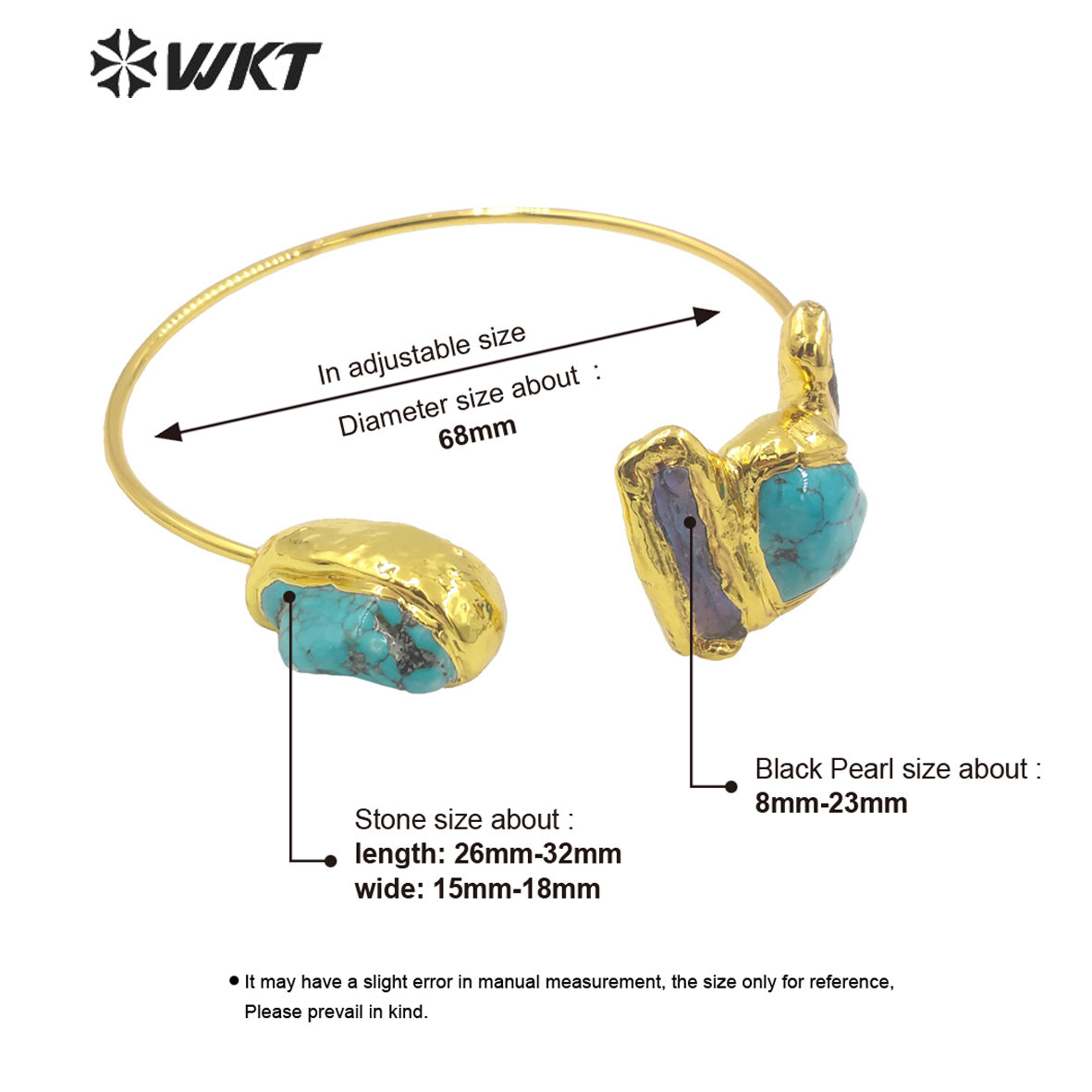 WT-B655 Wholesale Fashion 18K Real Gold Plated Made With Black Pearl and Turquoise Stone Bangle in Adjustable Boho Style