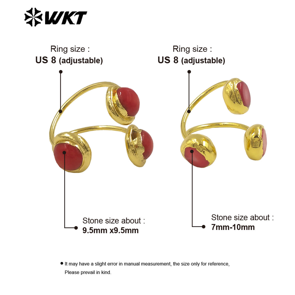 WT-MPR119 Wholesale Hot Style Temperament Attractive 18K Gold Plated Two Red Coral Adjustable Ring for Women As Anniversary Gift