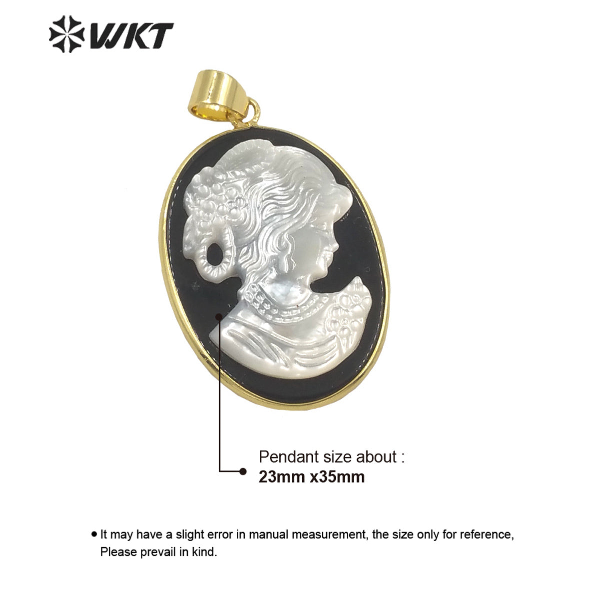 WT-JP268 New Design Oval Black Agate Back Ground with MOP Beauty Image Pendant Gorgeous Hand Carve Gold Bezel the Beauty Pendant