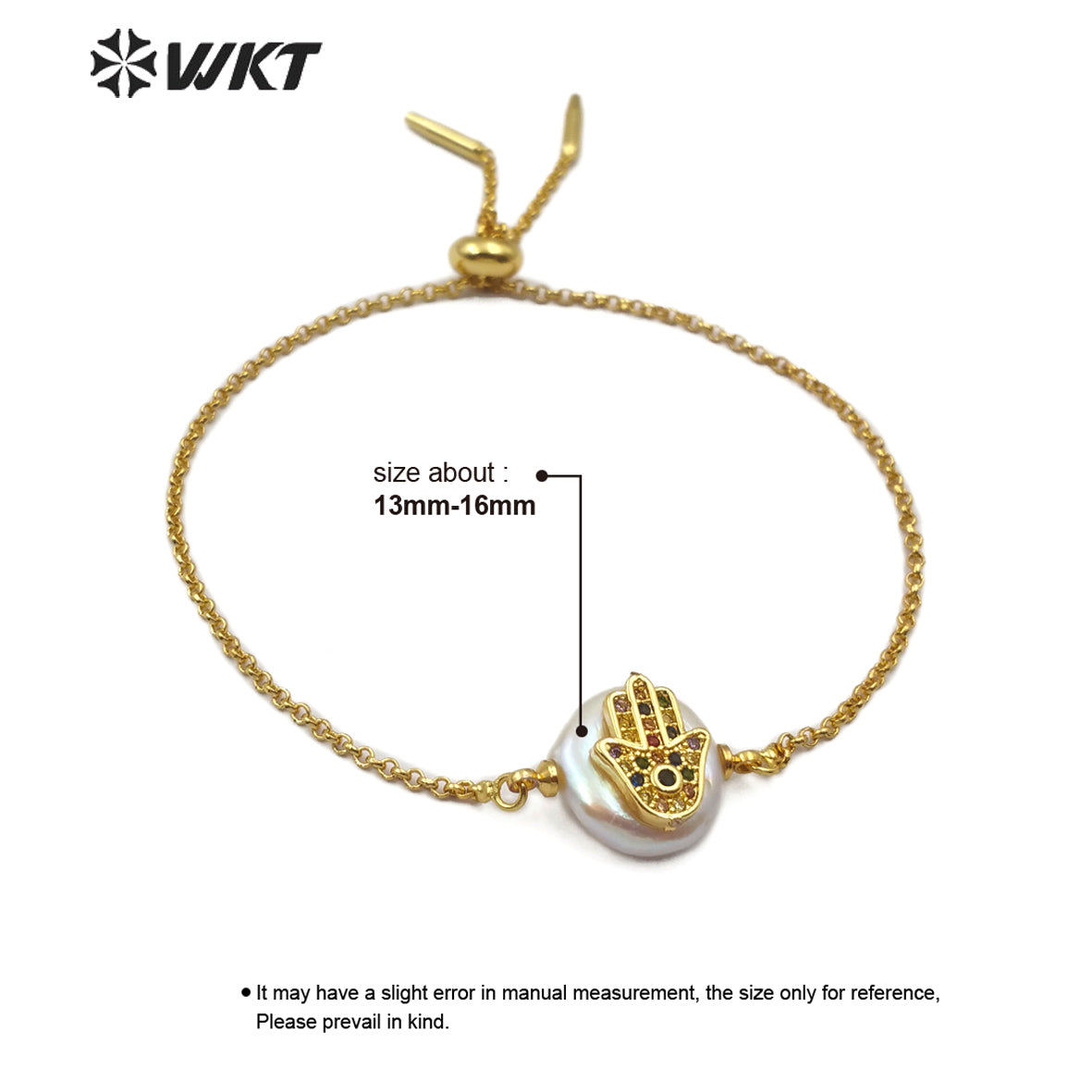 WT-MB111 Wholesale Pearl Gold Bracelet Pearl With CZ Stone Pave Eye Pattern and Hand Pattern Fashion Charm Bracelet