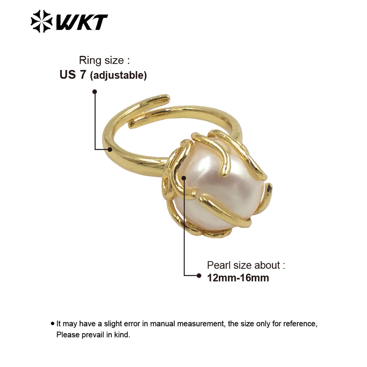 WT-MPR054 Wholesale Round Claw Setting Irregular One Pearl Ring Fashion 18k Gold Plated Freshwater Handmade Wedding Pearl Ring