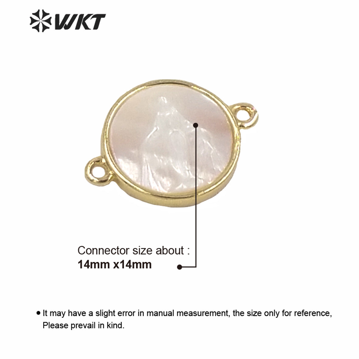 WT-MP170 Religious Design Gold Guadalupe Pendant Gold Metal Bezel Setting White Pearl Shell Connectors Tiny Charm Jesus Pendant