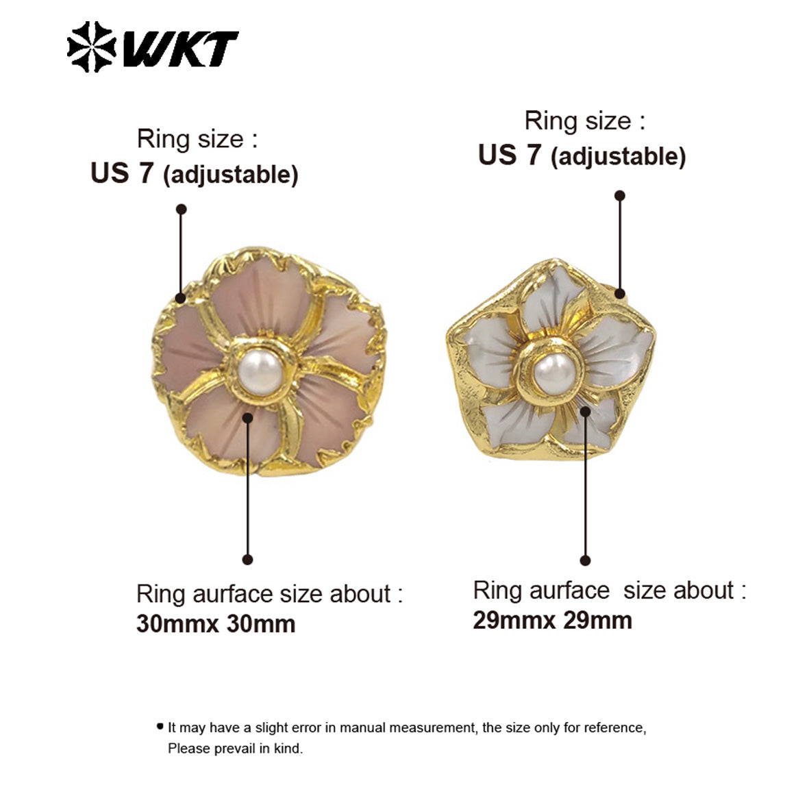 WT-MPR148 Beautiful Hand Carved Flower Shape Pink White Shell And Pearl 18K Gold Plated Rings For Ladies Elegant Jewelry