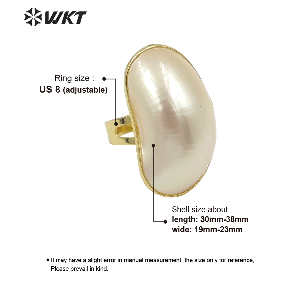 WKT-MPR019 Fashion and Lovely Gold Electroplated Pearl While Dignity Shell Ring for Gift Good-looking Women White Oval MOP Ring
