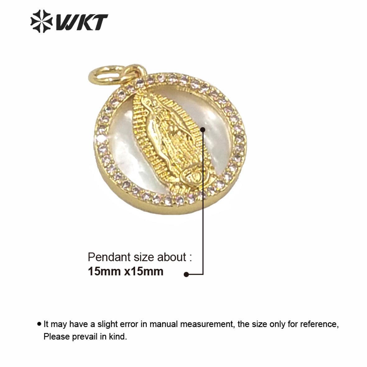 WT-MP156 WKT New Charming 15MM Natural Round Mop Shell Pendants Fashion Populared White Shell Gold Virgin Mary Pendants