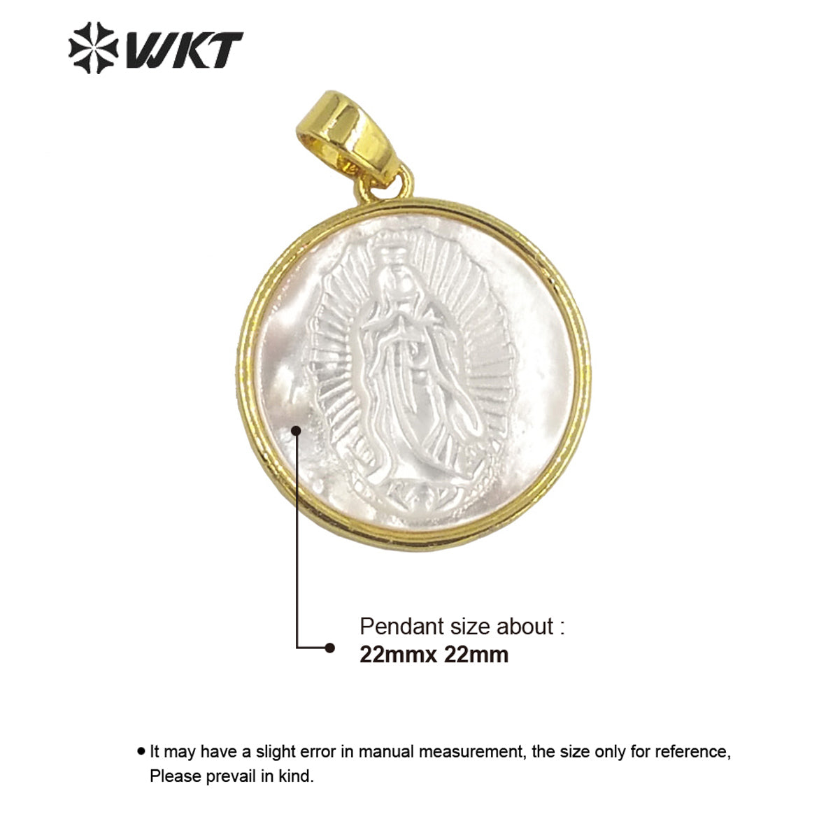 WT-JP321 Wholesale Fashion Gold Plated Mother of Pearl Religion San Benito Jewelry Pendant 20mm Round Shell Maria Vigen Pendants