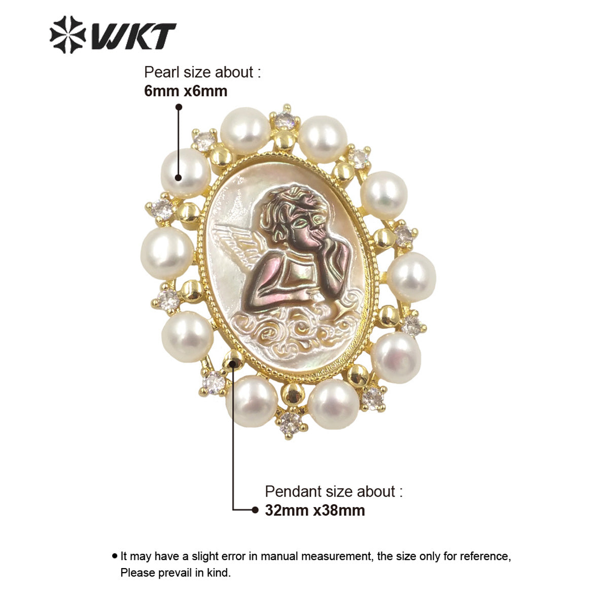 WT-JP278 New Gorgeous Fashion Gold Bezel Micro Pave CZ Setting White Pearl Angel Pendant Women Religious Christian Angel Shell