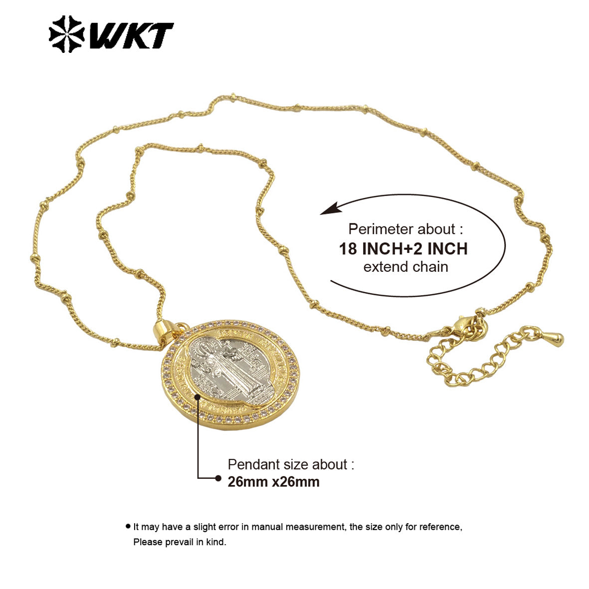 WT-MN987 WKT New Design 18K Gold St Benedict Medal Necklace for Christian Religious Jewelry Gift