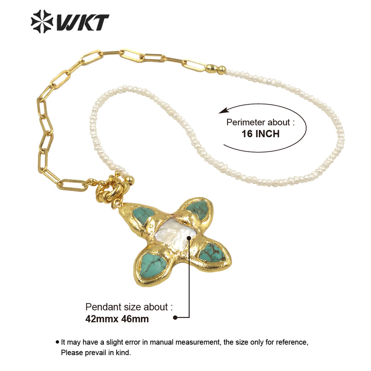 WT-JN150 WKT Newest Design Natural Turquoise and Pearl Mix Design Necklace 18k Real Gold Plated Elegant Office Lady Necklace