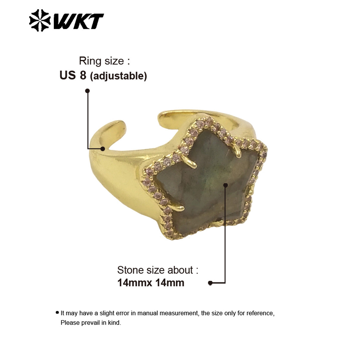 WT-R558 Sweet and Cute 18K Gold Plated Star Shape Natural Gemstone Opening Adjustable Ring for Girls As Party Decoration Jewelry