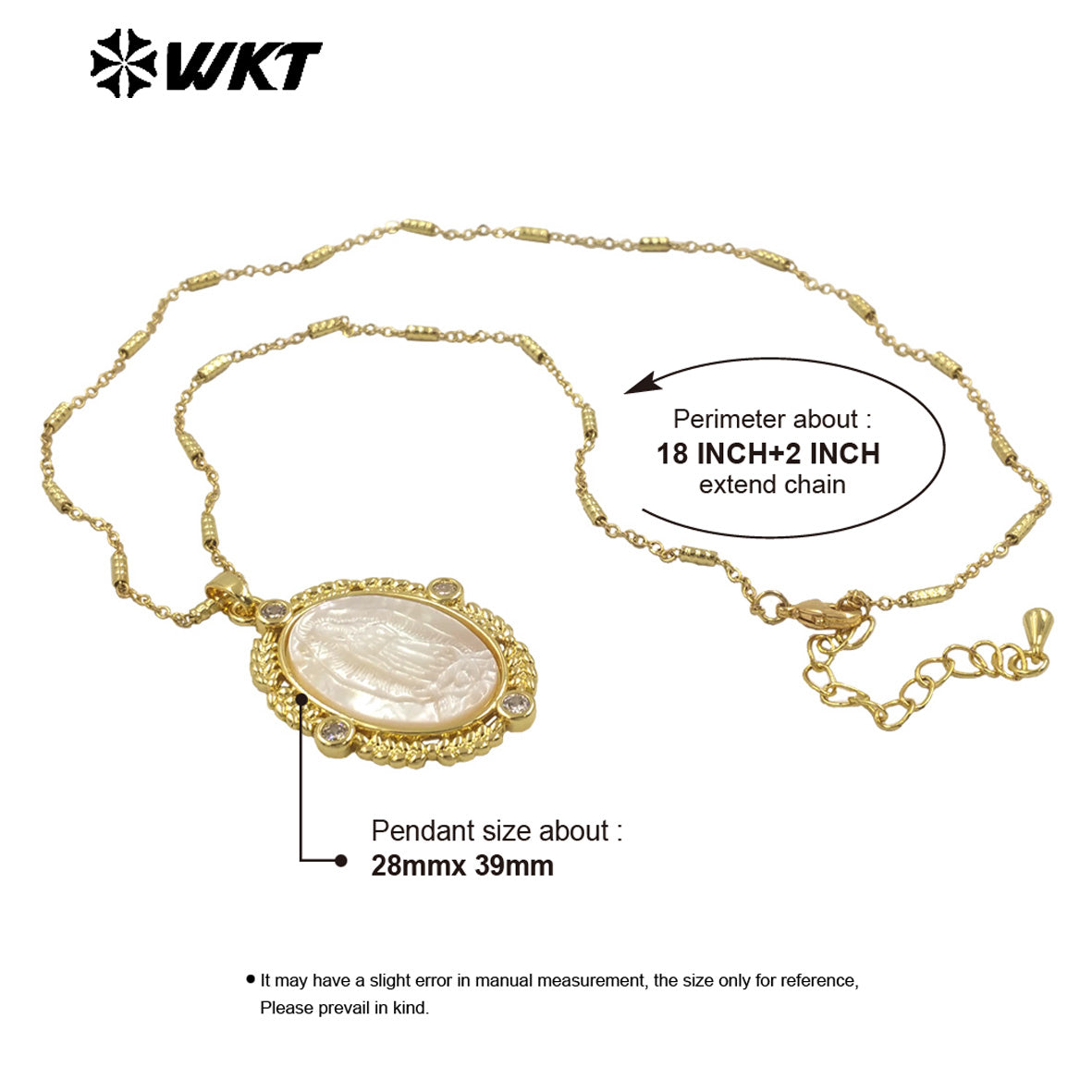 WT-JN271 WKT Exclusive Big Oval 18K Real Gold Plated Resist Tarnishable Religious Virgin Mary Shell Pendant Necklace Christian
