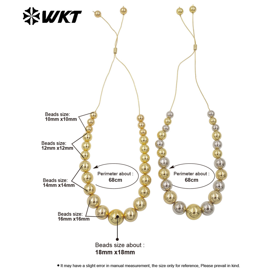 WT-JFN17 Have a Sense of Hierarchy 18K Real Gold Plated Round Brass Beads Chain Connect Statement Beads Necklace
