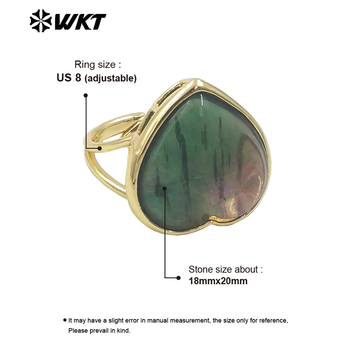 WT-R518 Wholesale Lovely Natural High Polish Rainbow Fluorite Heart Stone Ring for Lady Daily Use in Gold Bezel