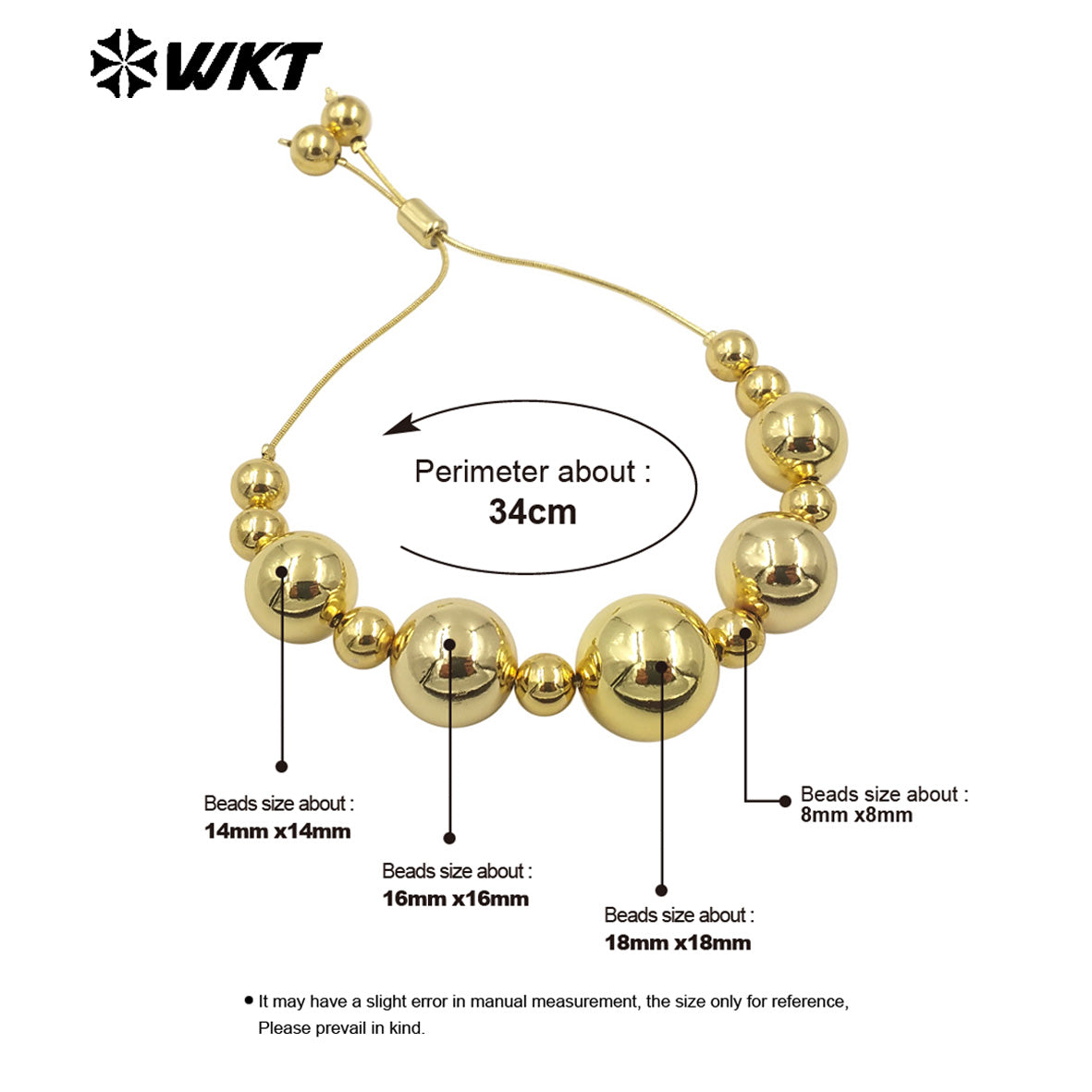 WT-JF345 Wholesale New Design 18K Big Round Brass Beads Handmade Adjustable Chain Bracelet