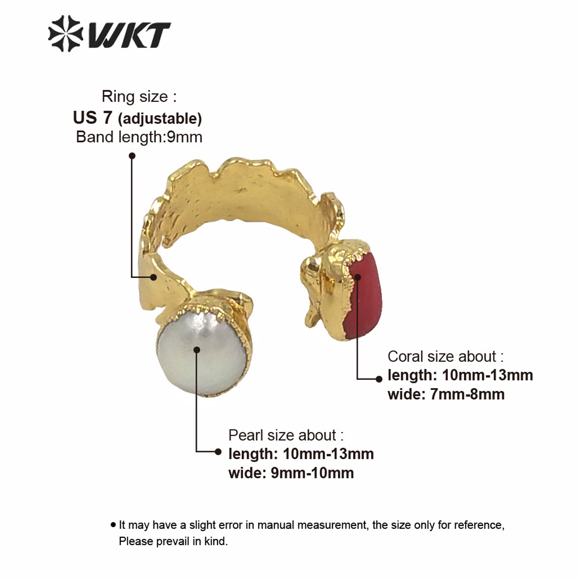 WT-MPR010 Amazing WKT Exclusive Resist Tarnish Gold Electroplated Red Coral Pearl Ring Women Fashion Brass Gold Cocktail Rings