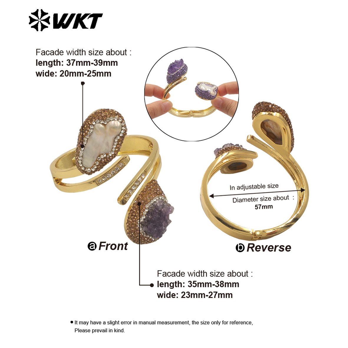 MPB126 Newest Unique Design 18K Gold Plated Natural Amethyst Stone and Pearl Bangle in Adjustable Size for Women Jewelry