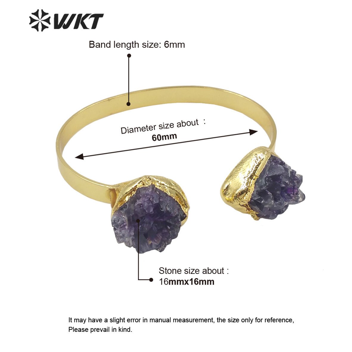 WT-B594 WKT 2022 Fashion Style Natural Amethyst Jewelry Stone Bracelet Opening Adjustable Gold Stone Bangle Women Jewelry
